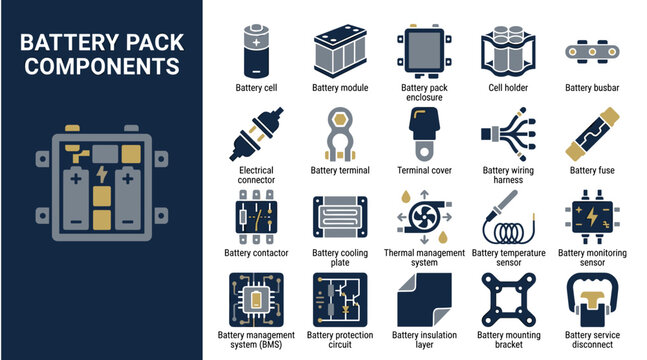 Battery pack components and electric storage assembly icon set