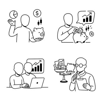 Finance and Investment Line Icon Set Featuring People Managing Money and Business Growth