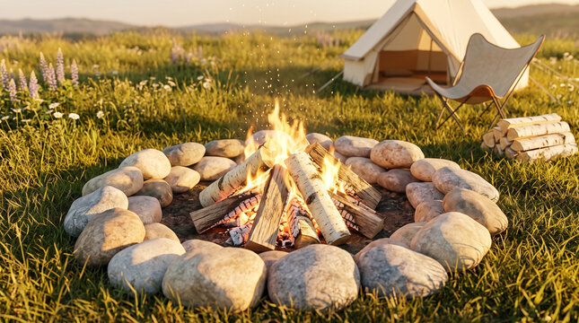 Vibrant campfire burning brightly inside a stone ring located at a scenic meadow camping site