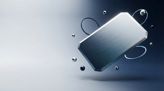 Floating blank aluminum credit card with abstract metallic spheres on dark background