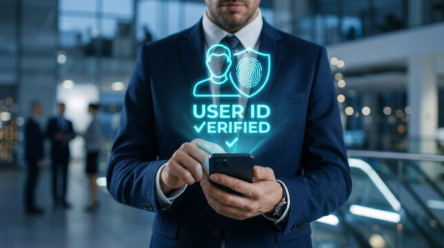 Businessman holds a smartphone featuring a glowing holographic user verification interface in a modern corporate office.