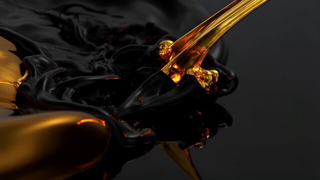 Black Liquid Splashing with Golden Stream on Dark Background. Fluid Motion Animation with Reflective Surfaces and Dynamic Flow.
