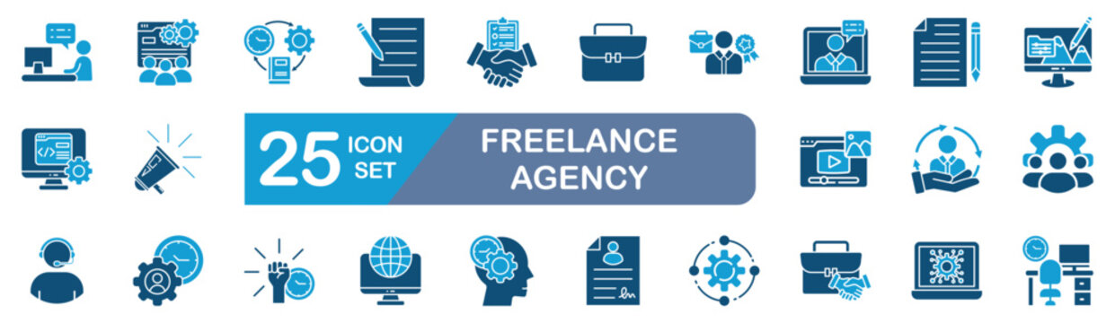 freelance agency set of web icons in line style. vector illustration concept relate to Containing freelancer, remote, outsourcing, gig, project, contract, digitalwork, upwork, fiverr