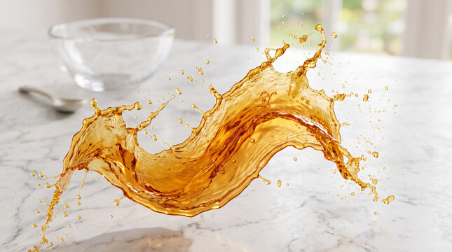 Amber liquid splashing dynamically across a clean white marble surface captured in high speed photography
