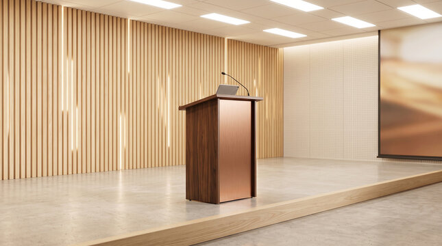 Wooden podium stand with microphone placed inside modern bright conference hall with warm wood slat wall