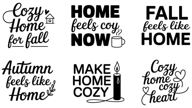Cozy home fall quotes vector, autumn typography set, 6 seasonal home signs Editable Vector