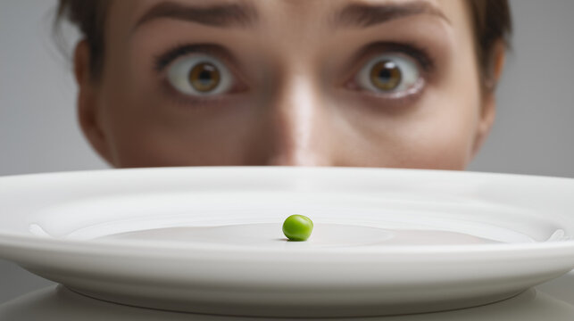 Surreal conceptual image of a surprised person staring at a single green pea on a white plate, symbolizing appetite, food choices, dieting, minimalism and nutrition concepts.