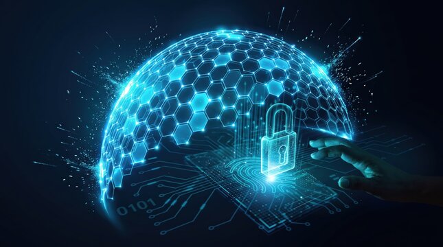 Futuristic cybersecurity with hexagonal digital dome, glowing padlock, and human hand touching data shield. Global network protection, encryption, biometric authentication