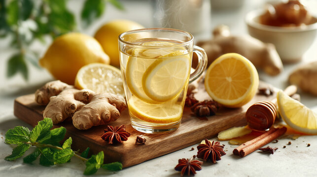 Warm lemon and ginger tea with honey, mint and spices on a wooden board, creating a cozy wellness scene focused on natural ingredients, healthy lifestyle and seasonal self-care.