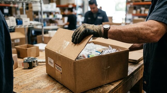 Worker's hand closing a cardboard box flap after packing supplies, shallow focus | Medical Supply Chain & Hospital Logistics Close-Up Stock Photo
