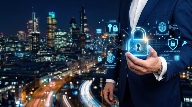 Cybersecurity concept featuring a glowing digital padlock held by businessman against city skyline at night, emphasizing data protection and secure network infrastructure