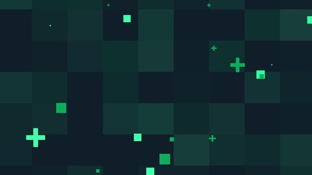 Dark teal abstract pixel pattern featuring layered square tiles and scattered glowing green plus signs and blocks