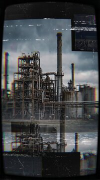 Impianto industriale con glitch digitali e distorsioni video