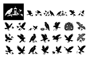 Fototapeta premium Set of bird silhouettes featuring hawks and eagles in various flight and perching poses.