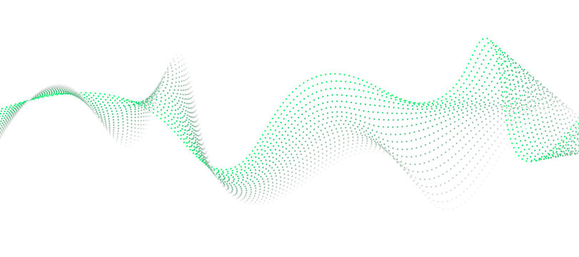 Abstract green wave pattern made of particles on a clean white background