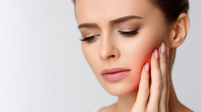 Close-up portrait of a woman holding her cheek because of tooth and jaw pain, illustrating dental discomfort, oral health problems and the need for professional dental care.