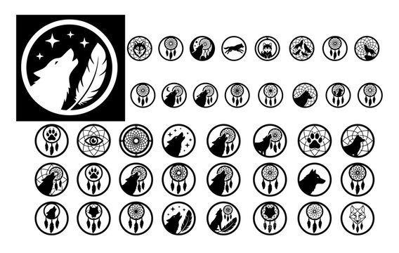 Set of black and white wolf and dreamcatcher circular vector icons and logo designs