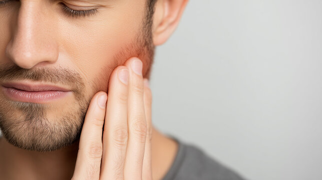 Close-up of a young man touching his cheek with eyes closed, showing discomfort from possible toothache or facial pain and highlighting oral healthcare and dental problems.