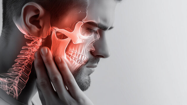 Medical illustration of a man with facial pain showing the jaw, teeth, ear and cervical spine anatomy, representing dental disorders, jaw problems and healthcare diagnostics.