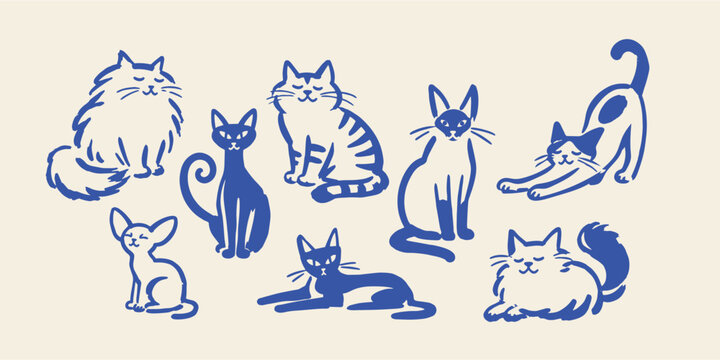 Cats in Different Poses Naive Style Illustration Set