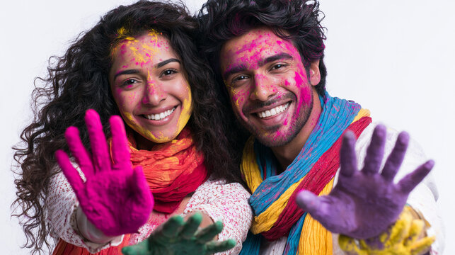 Happy young couple celebrating holi festival isolated on white background