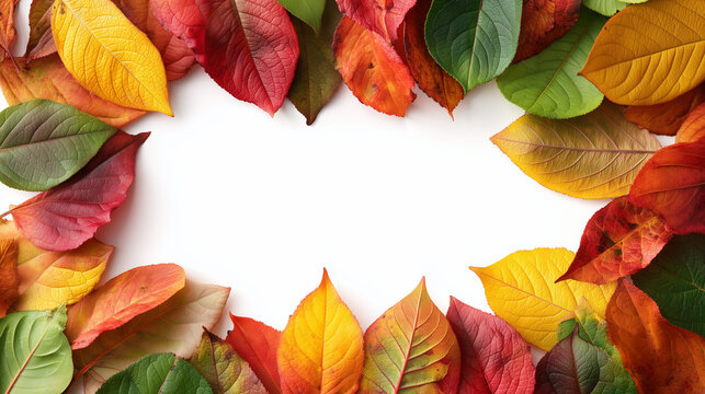Bright autumn leaves arranged around the edges of a clean white background, creating a decorative seasonal frame with natural foliage, warm colors and generous copy space.