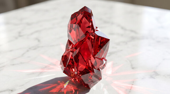 Sparkling faceted red ruby crystal gemstone resting elegantly upon a polished white marble stone surface top