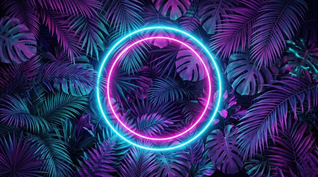 Vibrant neon circles glowing against dark tropical palm leaves background, cyberpunk style abstract wallpaper design, purple and blue light rings over exotic jungle foliage pattern