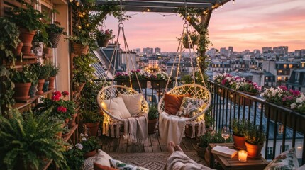 Fototapeta premium Cozy balcony oasis with hanging chairs and city view at sunset