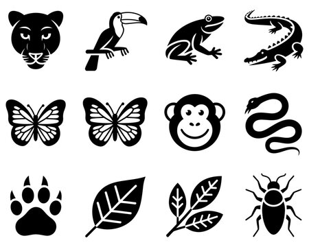 ungle Wildlife Icons featuring jaguar, toucan, tree frog, crocodile, and bat silhouettes in solid style for tropical nature, wildlife, and animal-themed designs