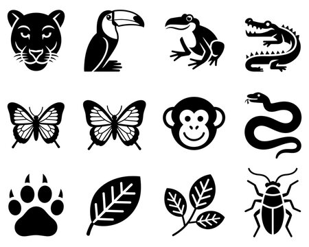 ungle Wildlife Icons featuring jaguar, toucan, tree frog, crocodile, and bat silhouettes in solid style for tropical nature, wildlife, and animal-themed designs