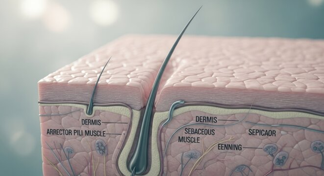 Detailed CrossSection of Human Skin Showing Hair Follicle and Sebaceous Gland.