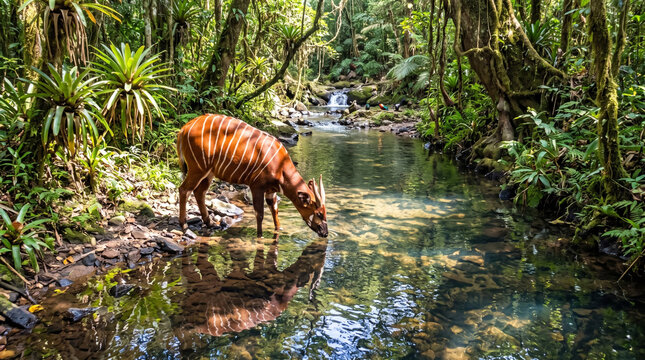 Majestic bongo antelope drinks fresh water from a clear tropical forest stream under bright sunlight