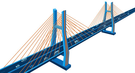 Naklejka premium Modern Isometric Vector Illustration of Blue Cable Stayed Bridge with Traffic