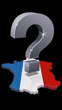 3D question mark on France map symbolizing national uncertainty, political decisions, economic queries, or quiz topics. Chroma key green screen with alpha channel. (loopable)