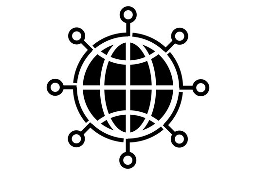 global network icon. globe grid with connected nodes for worldwide internet communication data transfer and technology symbols
