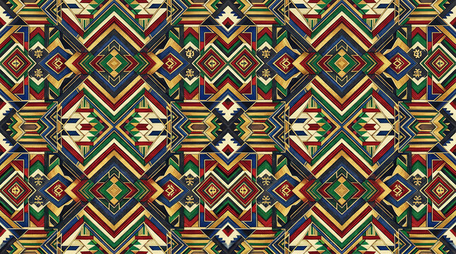 Intricate geometric fabric pattern with vibrant red blue gold and green colors for textile design.