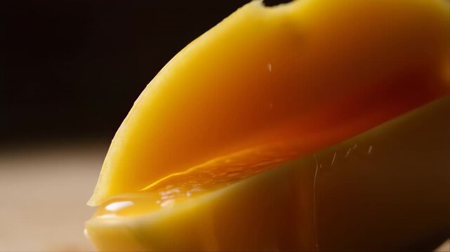 Ripe Mango Slice Being Cut with Juice Droplets Splashing. Cinematic Macro Food Footage with Slow Motion and Dark Background