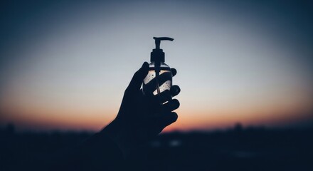 Naklejka premium Silhouette of Hand Holding Hand Sanitizer Bottle Against Dusk Sky.
