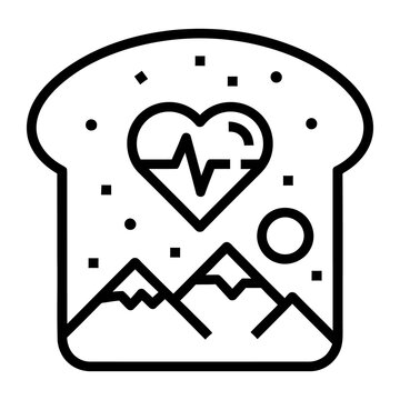 Minimalist bread slice icon with heart rate and mountain landscape, healthy breakfast and wellness concept, black line art on white background