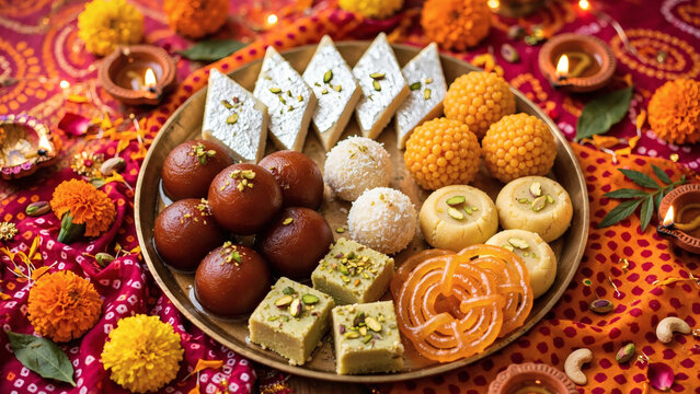Indian mithai platter with assorted sweets