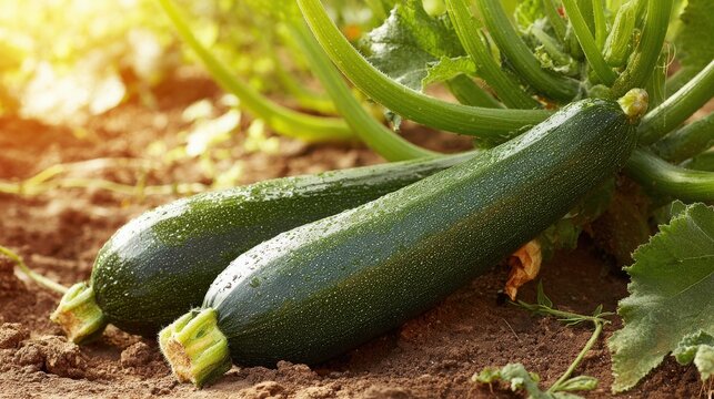 Fresh Zucchini Growing in a Sunny Garden