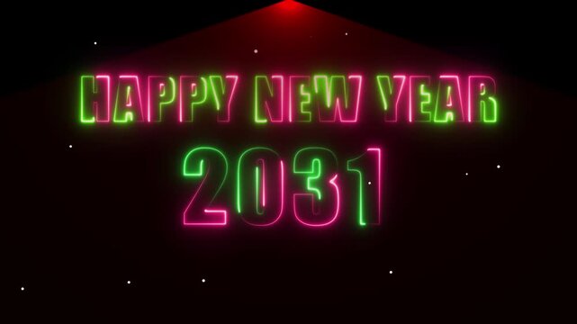 Neon Happy New Year 2031 text with glowing particles