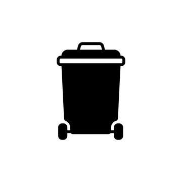 trash bin icon isolated on white background, garbage container icon with wheels isolated on white, waste bin symbol, trash can icon, waste disposal and recycling icon