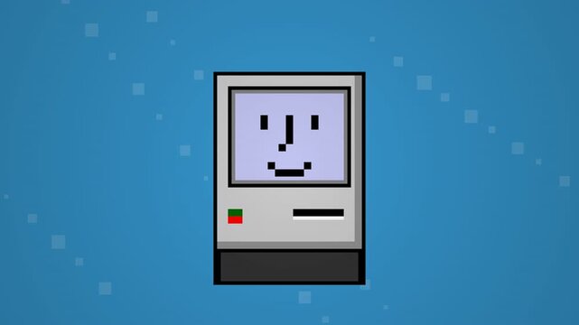 White retro computer icon with smiley face on blue background, representing technology, digital device, and friendly tech motion graphic.