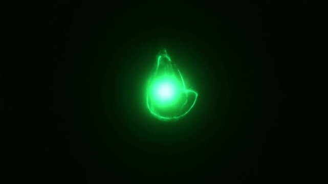 Green energy orb pulses and changes shape against a dark background with glowing particles