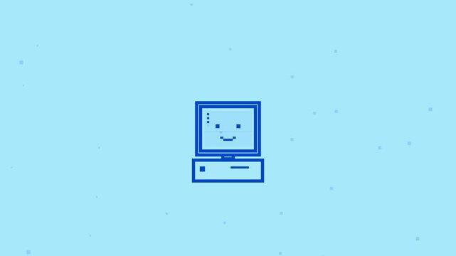 Blue outline computer monitor icon on light blue background, representing technology, desktop device, and minimal digital design motion graphic.