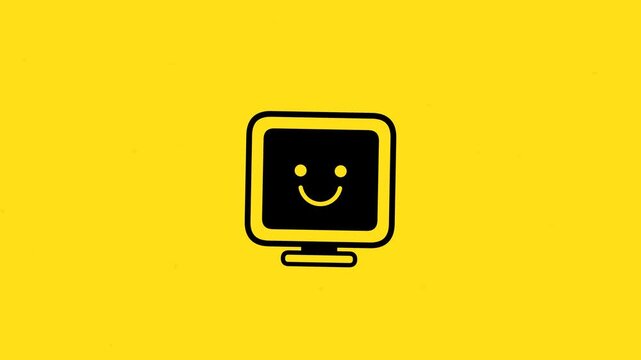 Black computer monitor icon with smiley face on yellow background, representing technology, desktop device, and friendly tech motion graphic.