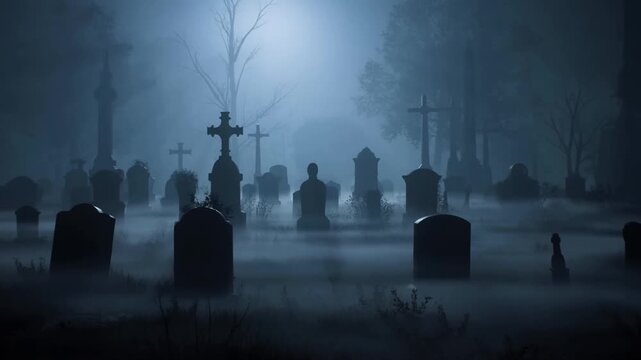 Eerie graveyard with headstones and creeping fog at night under moonlight