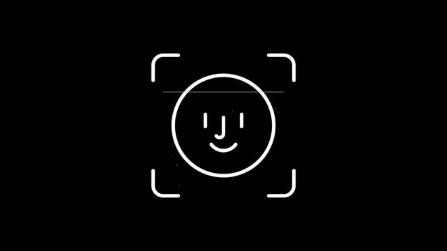 White face scan recognition icon on black background, representing biometric security, facial recognition, and identity verification motion graphic.